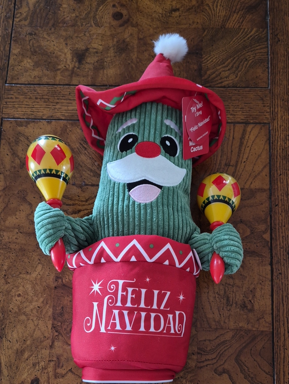 Feliz Navidad Dancing Green Cactus Plush Holiday Accent with Red Hat